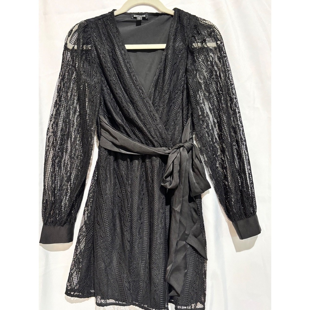 Express Black Lace Long Sleeve Wrap Mini cocktail Dress V-Neck XS  dark fairy